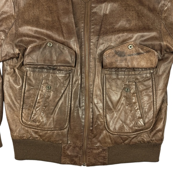 Paris Sport Club Sz Medium Brown Leather Bomber Jacket Front Pockets Fully Lined - Picture 6 of 16